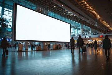 A spacious airport terminal with an empty digital billboard and travelers walking, showcasing modern architecture and movement.