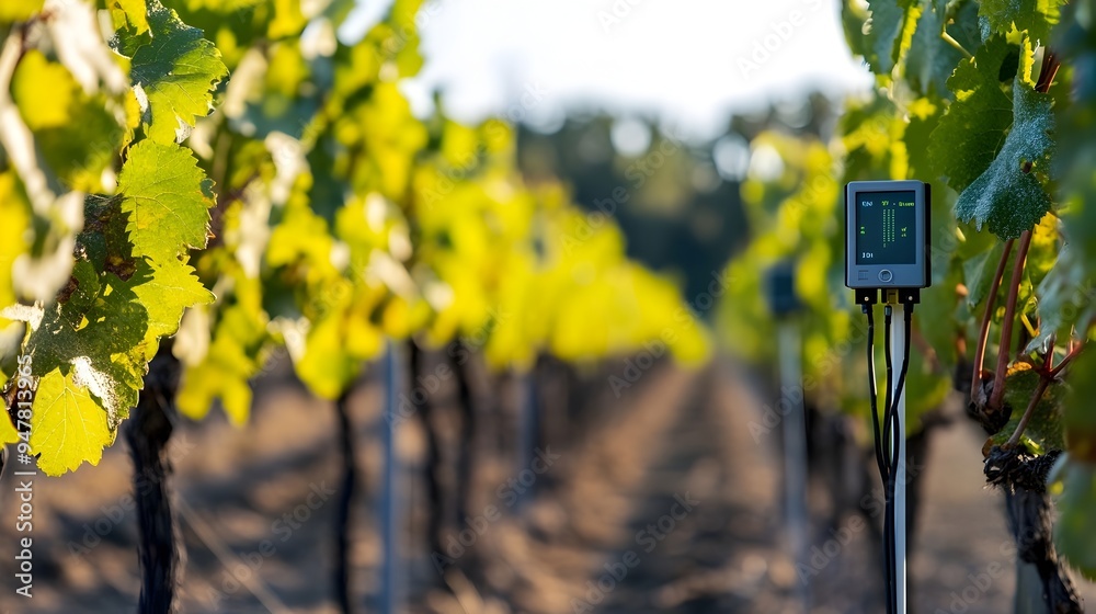 Poster iot sensors installed in a vineyard collecting real time data on moisture and temperature levels to 