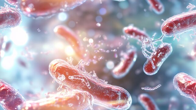 A detailed, abstract representation of biological processes, showing the interaction between plasma and bacteria under a microscope.