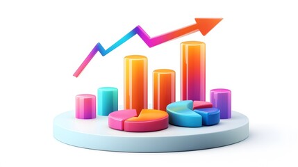 
lying composition 3d icon, UI icon, a chart icon, bar chart has a rising arrow on it, bar chart, pie chart, a rising arrow, frosted glass, transparent, white background, transparent technology sense
