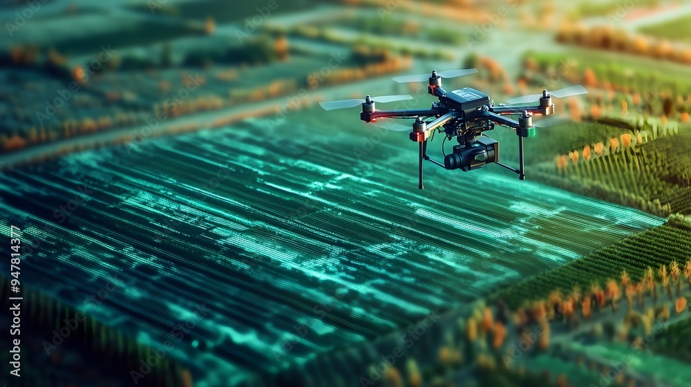 Poster aerial view of a drone equipped with iot sensors and technology mapping and collecting data from a l