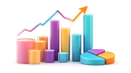 
lying composition 3d icon, UI icon, a chart icon, bar chart has a rising arrow on it, bar chart, pie chart, a rising arrow, frosted glass, transparent, white background, transparent technology sense