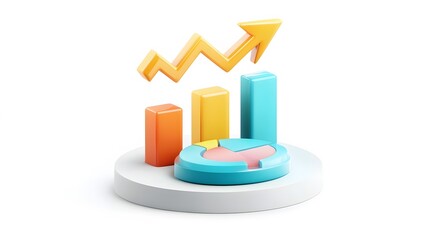 
lying composition 3d icon, UI icon, a chart icon, bar chart has a rising arrow on it, bar chart, pie chart, a rising arrow, frosted glass, transparent, white background, transparent technology sense