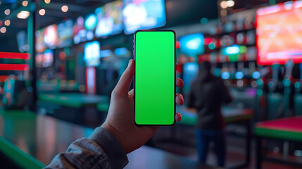 Hand holding smartphone with green screen, sports bar moment, 3D design, front view, showcasing interactive experience, digital tone, vivid