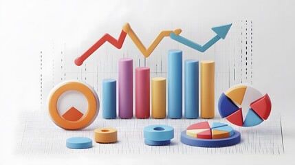 
lying composition 3d icon, UI icon, a chart icon, bar chart has a rising arrow on it, bar chart, pie chart, a rising arrow, frosted glass, transparent, white background, transparent technology sense
