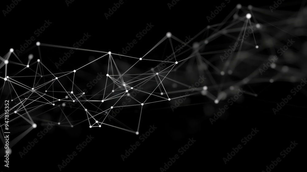 Poster Abstract tech digital black background with network lines and dots connecting in dynamic pattern. Modern cyber technology, data networks, ai, futuristic design