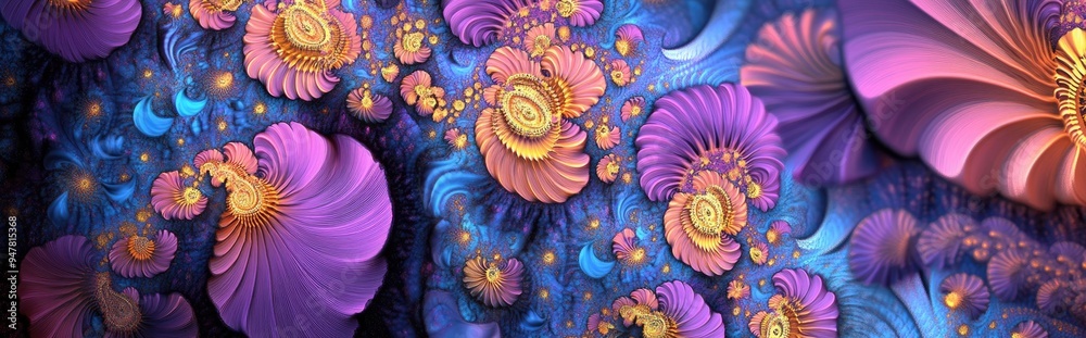 Poster Abstract fractal patterns and shapes in a 3D cartoon rendering Dynamic flowing natural forms featuring flowers and spirals create a mysterious psychedelic relaxation pattern