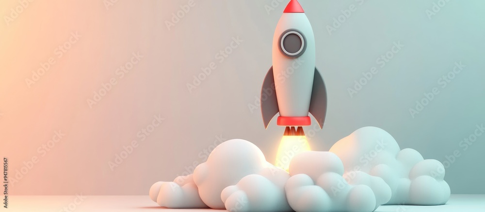 Poster 3D cartoon illustration featuring a gray rocket and a white cloud designed as a circular icon in a flat style representing the concept of launching a new business or project as well as themes of e