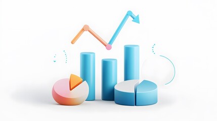 
lying composition 3d icon, UI icon, a chart icon, bar chart has a rising arrow on it, bar chart, pie chart, a rising arrow, frosted glass, transparent, white background, transparent technology sense