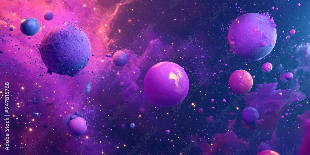 Aufkleber Cosmic abstract purple background depicting colorful dust and splashes of paint in a 3D cartoon style