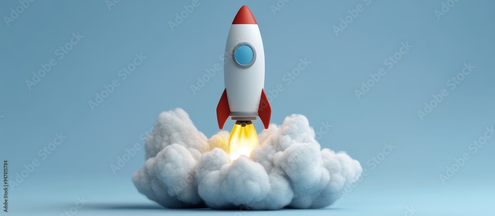 Fototapete 3d cartoon illustration featuring a gray rocket and a white cloud designed as a circular icon in a f
