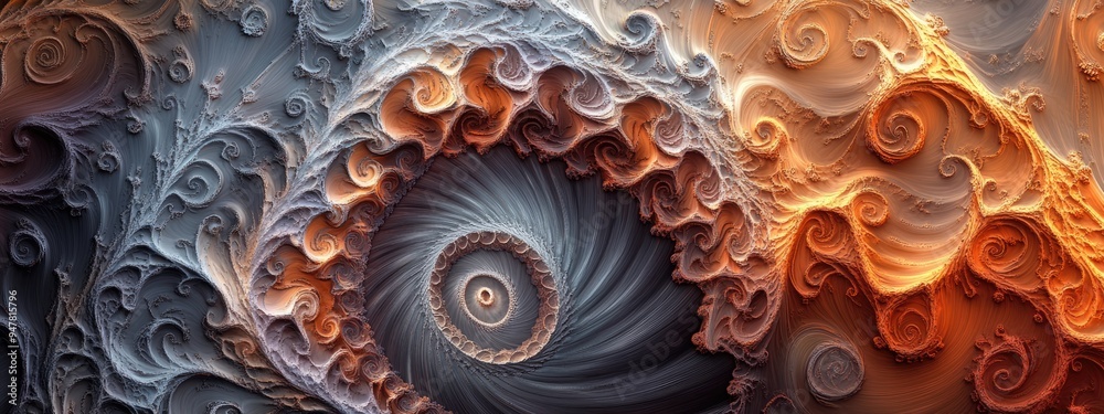 Poster Abstract fractal shapes and patterns rendered in 3D cartoon style featuring dynamic flowing natural forms flowers and spirals