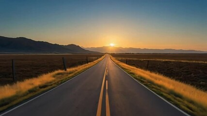 A Straight Road Leading Towards the Setting Sun and Mountains