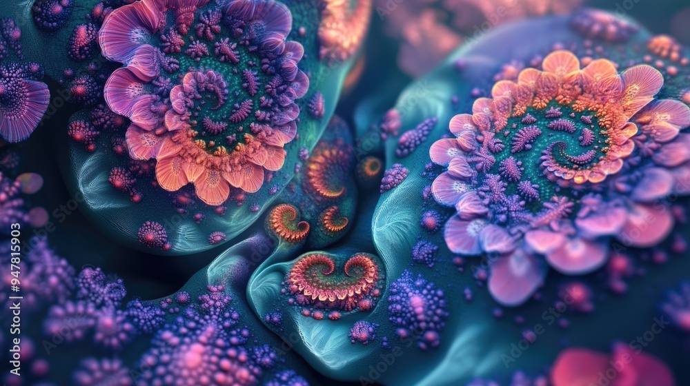 Poster Abstract fractal patterns and shapes rendered in 3D cartoon style Dynamic flowing natural forms featuring flowers and spirals Mysterious psychedelic relaxation design