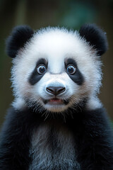 Obraz premium Surprised panda with wide eyes, against a bright blue background