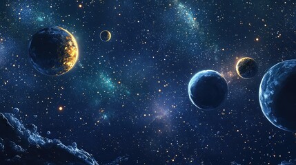 2D illustration in a 3D cartoon rendering style Cartoon image featuring deep interstellar space with stars planets and moons Various creative science fiction backdrops Imaginary cosmic scenery