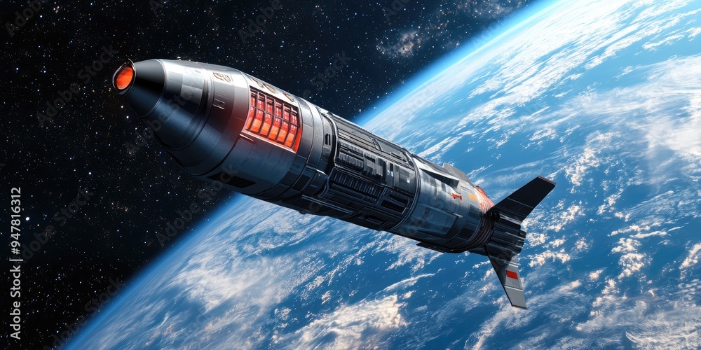 Poster 3d cartoon illustration of a spaceship in earth orbit with a rendered background