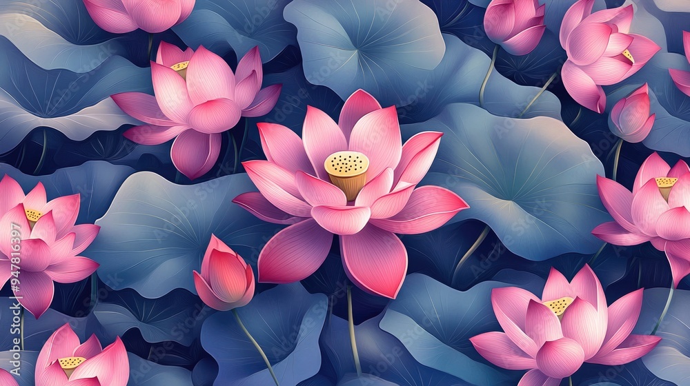 Poster Stylized hand drawn lotus flowers seamless pattern in oriental style created with 3D cartoon rendering Endless background