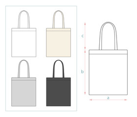 Hand drawn vector illustration of blank tote bag on white background. Template fabric bag. Canvas shopping bags. Mock up. Editable colors. Editable background.