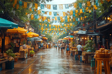 Fototapeta premium Festive street markets bustling with people during Songkran Festival