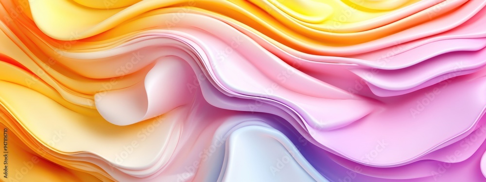 Poster 3D cartoon depiction of a white abstract background featuring a pastel rainbow texture in pink yellow orange violet and magenta designed with fractal patterns