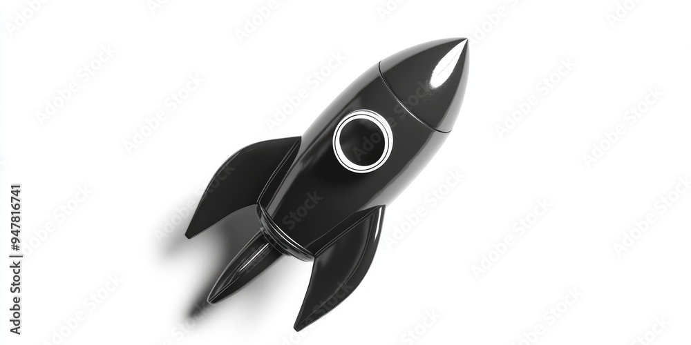 Poster monochrome illustration of a rocket icon in a 3d cartoon rendering against a white background