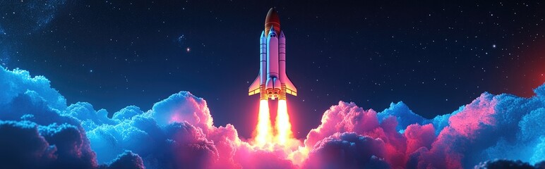 3D cartoon illustration of a launch of a space shuttle in open space above Earth Blue gradient Space themed artwork for wallpaper