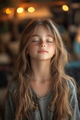 Fototapeta premium Young girl meditating in a cozy room, warm ambient light, calm and focused expression