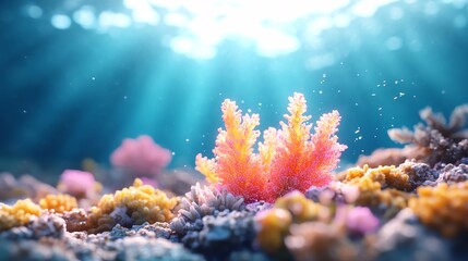 Naklejka premium Glowing underwater coral reef scene, full of vibrant colors, marine glowtime, stunning and immersive
