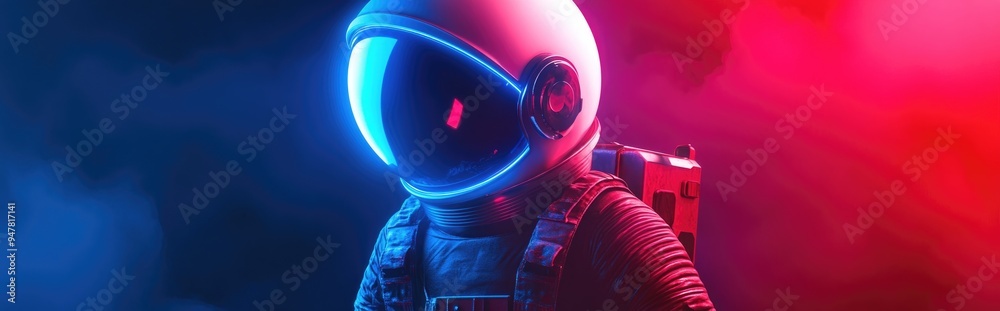 Poster Cartoon style 3D rendering depicting a spaceman on a mission created with mixed media