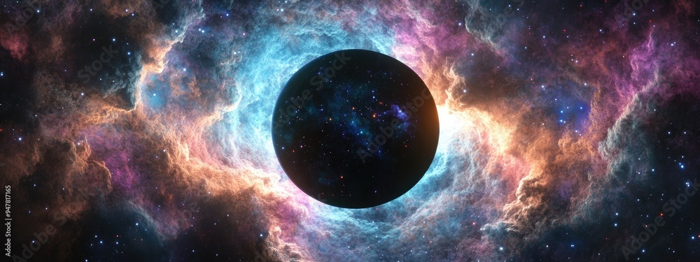 Poster Abstract black hole with nebula in outer space surrounded by colorful stars and cloud fields in a 3D cartoon rendering