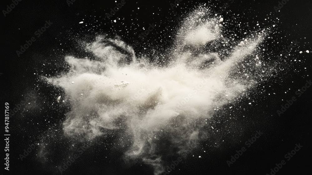 Aufkleber Abstract white powder splatter on black background featuring a freeze motion of color powder explosion in a 3D cartoon rendering Splash of powder dust on black background