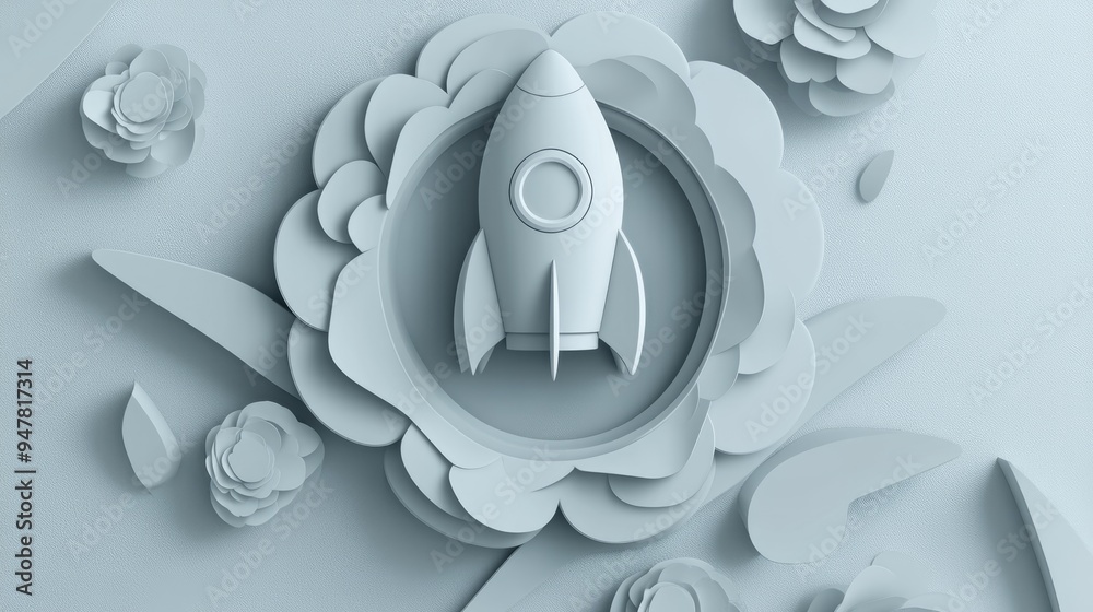 Poster Grey rosette with a rocket icon inside showcased in a 3D cartoon rendering and linear illustration