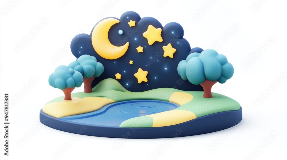 Aufkleber flat icon of starfall night in 3d cartoon rendering isolated on white background