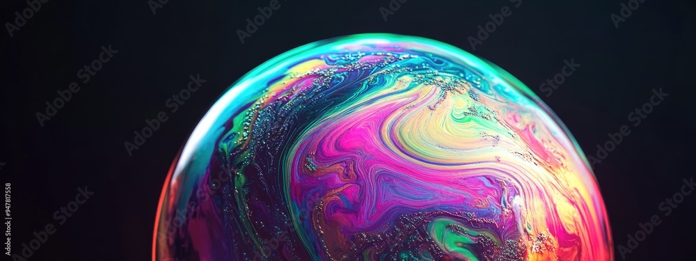 Aufkleber Abstract multicolor psychedelic planet in a 3D cartoon rendering of a virtual reality space Closeup view of a soap bubble resembling an alien planet on a black background