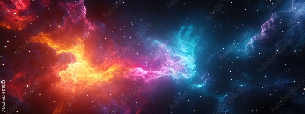 Poster 3D cartoon rendering featuring a nebula illuminated by a distant star field in outer space