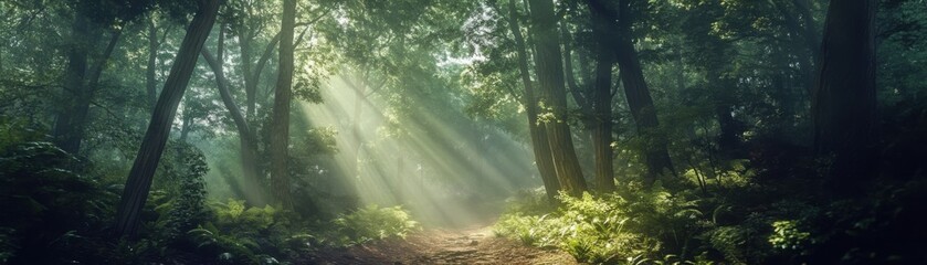 Fototapeta premium A serene forest scene featuring rays of sunlight filtering through lush greenery, creating a tranquil and enchanting atmosphere.