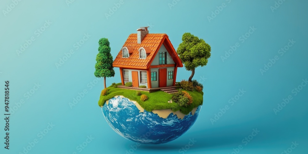 Poster logo icon design of a planet house in 3d cartoon rendering