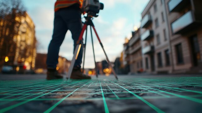 A surveyor uses a camera on a tripod to capture urban landscapes and architectural details in an open street environment.