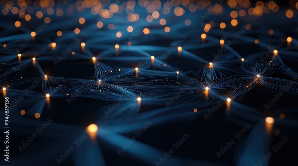 Aufkleber Digital representation of a neural network with glowing nodes connected by lines, symbolizing data flow, technology, and artificial intelligence.
