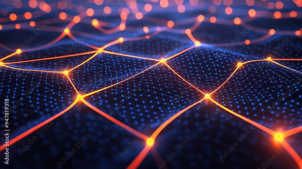 Poster Abstract digital grid with interconnected glowing nodes, representing data flow, technology networks, and futuristic digital communication.
