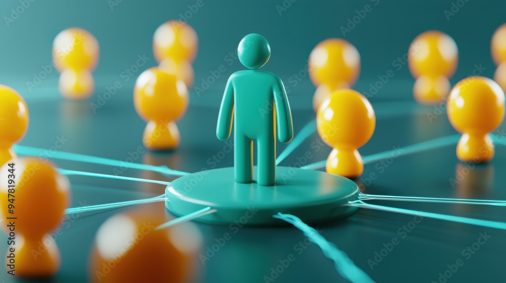 Aufkleber Abstract depiction of networking with a central green figure connected to multiple yellow figures by lines, symbolizing social connections.
