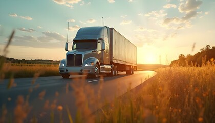 Low angle photography of a cargo semi truck with trailer driving on the asphalt road surrounded by meadows