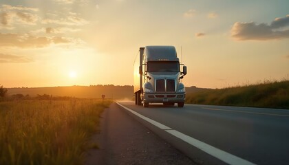 Obraz premium Low angle photography of a cargo semi truck with trailer driving on the asphalt road surrounded by meadows