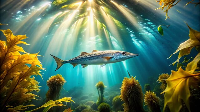 Gentle sunlight filters through the ocean's surface, illuminating a snipefish amidst kelp, its scales catching the light as it glides past tiny fish amidst undulating seaweed.