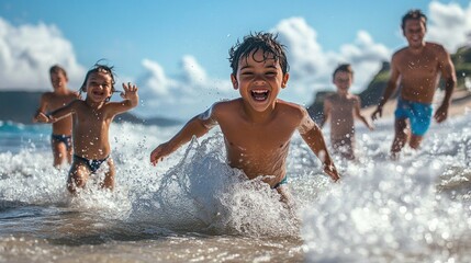 Family having water fun at the beach, waves crashing, everyone smiling