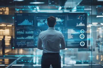 A professional views data analytics on a high-tech screen in a modern office, showcasing the future of business intelligence.