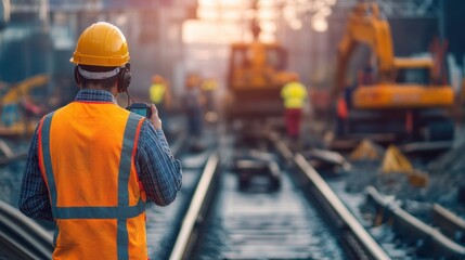 A construction worker oversees a railway project, wearing a safety helmet and high-visibility vest, while operating machinery.