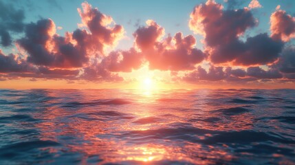 Fototapeta premium 3d render abstract landscape backgroun3d seascape sunset golden sunlight an3d clouds above the calm water