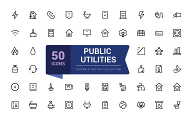 Set of public utilities outline icons. Related to energy, gas, water. Linear icon collection. Pixel perfect, minimalistic web and UI icon. Outline icon collections.